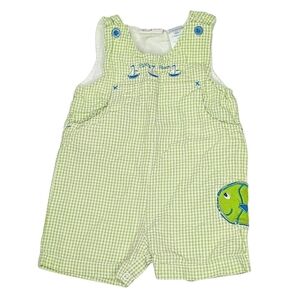 Vintage Green Gingham Sailboat Embroidered Baby Romper 6–9 Months